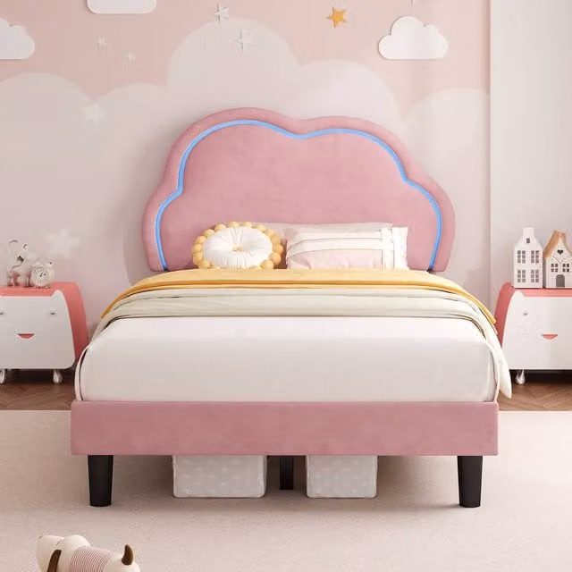 Merax 3ft Single Upholstered Velvet Bed with LED Adjustable Cloud Headboard in Pink, W/D/H: 90 x 190 cm