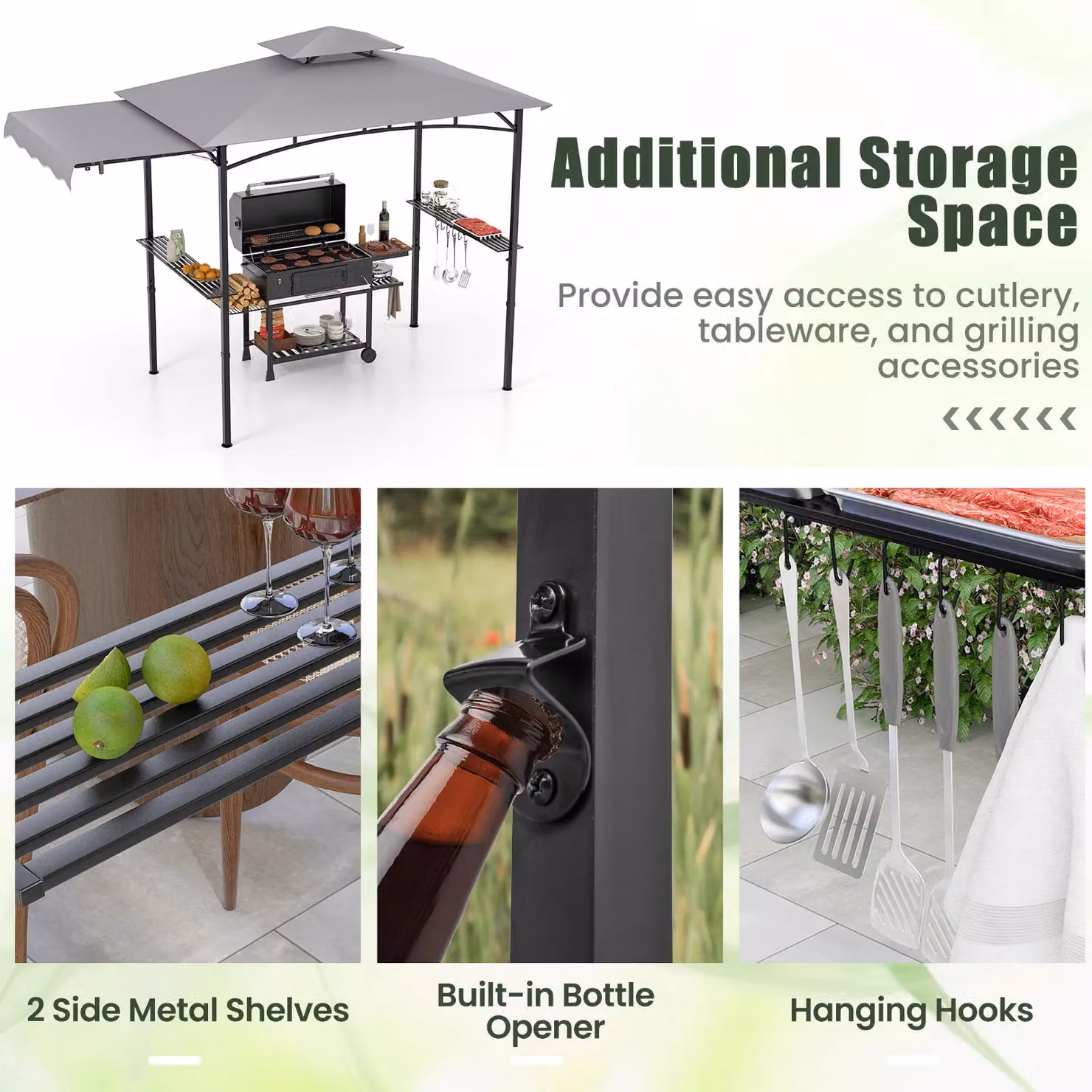 Gymax Grill Gazebo Barbecue Canopy Tent with Side Awning and Shelves, Light Grey, W: 318 cm, D: 153 cm, H: 250 cm – 3