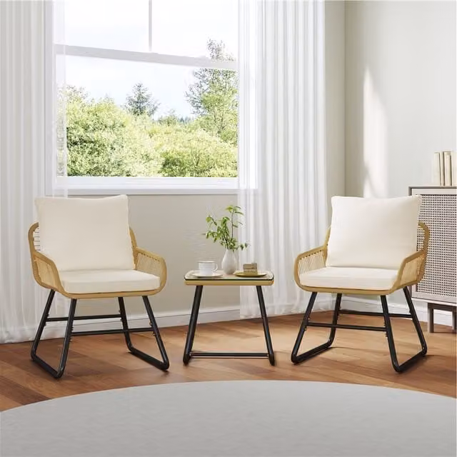 Yaheetech 3 Piece Boho Patio Bistro Set with Glass Table and Pillows in Beige and White