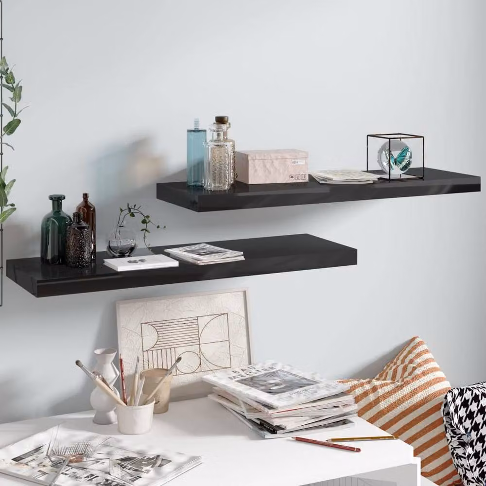 Berkfield Home Durable Floating Wall Shelves, 2 Pack, High Gloss Black, W: 80 cm, D: 23.5 cm, H: 3.8 cm – 2