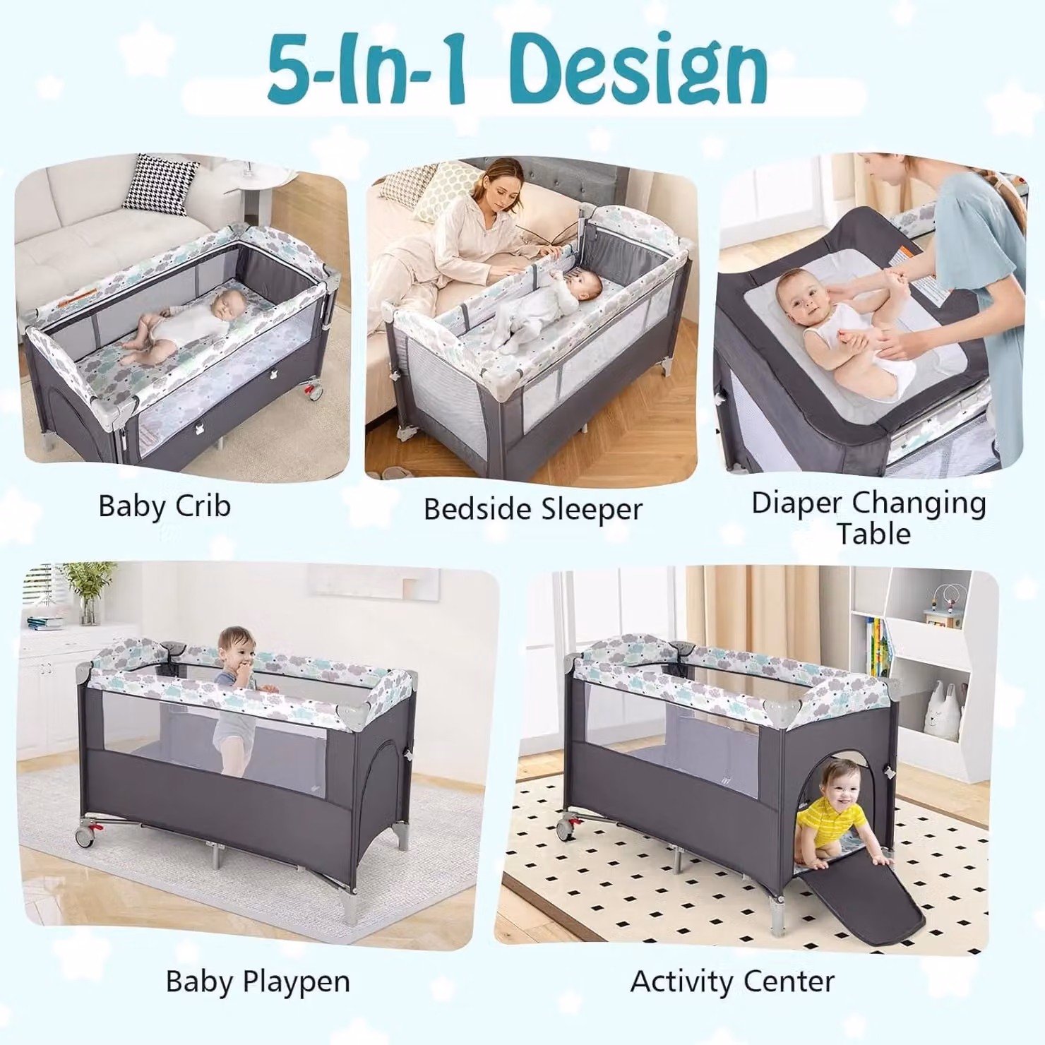 Gymax 5-in-1 Portable Bedside Crib, Folding Changing Table and Playpen on Wheels, Dark Grey – 2