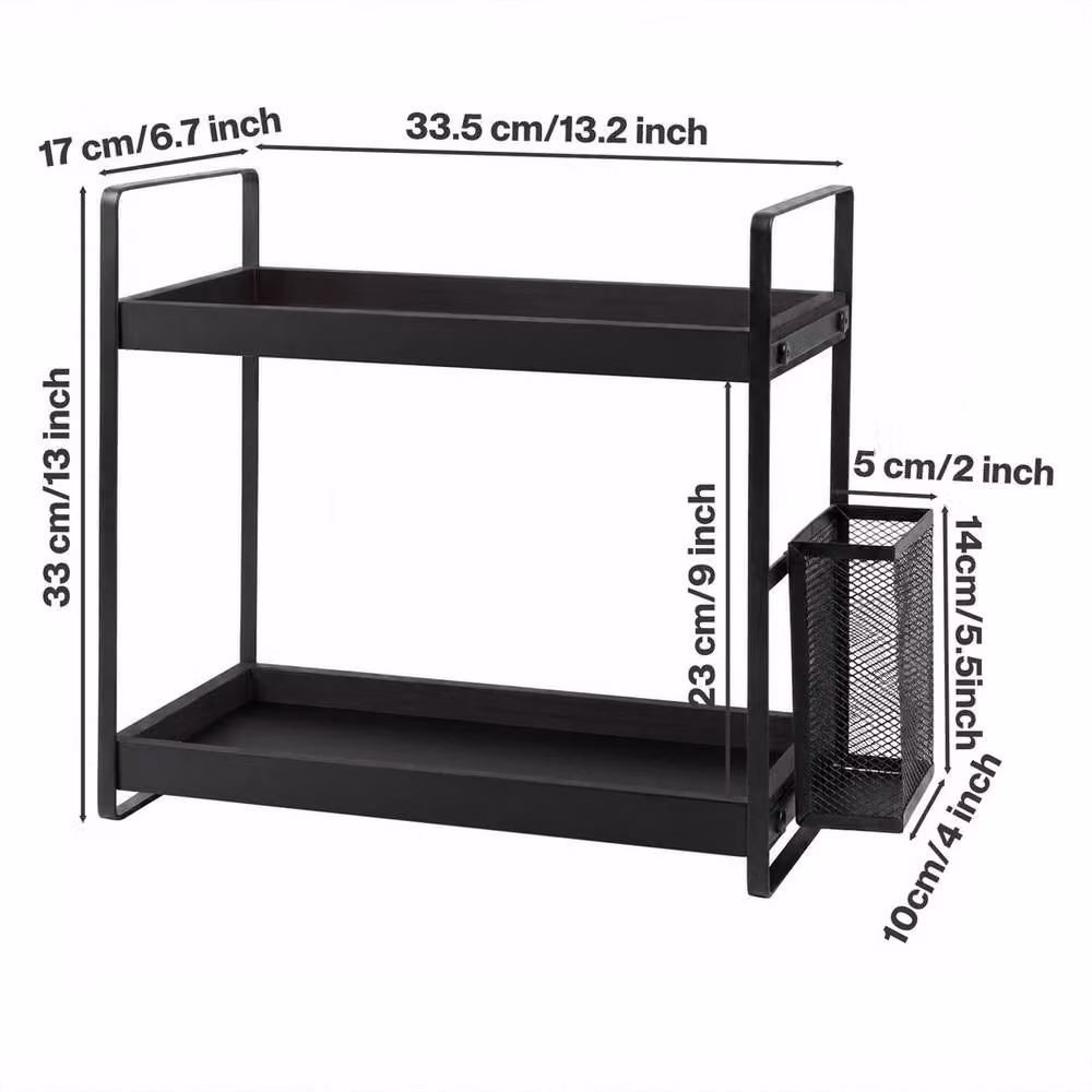 EONLION Black 2 Tier Freestanding Bathroom Organiser Storage Shelf with Wood and Metal Construction – 2