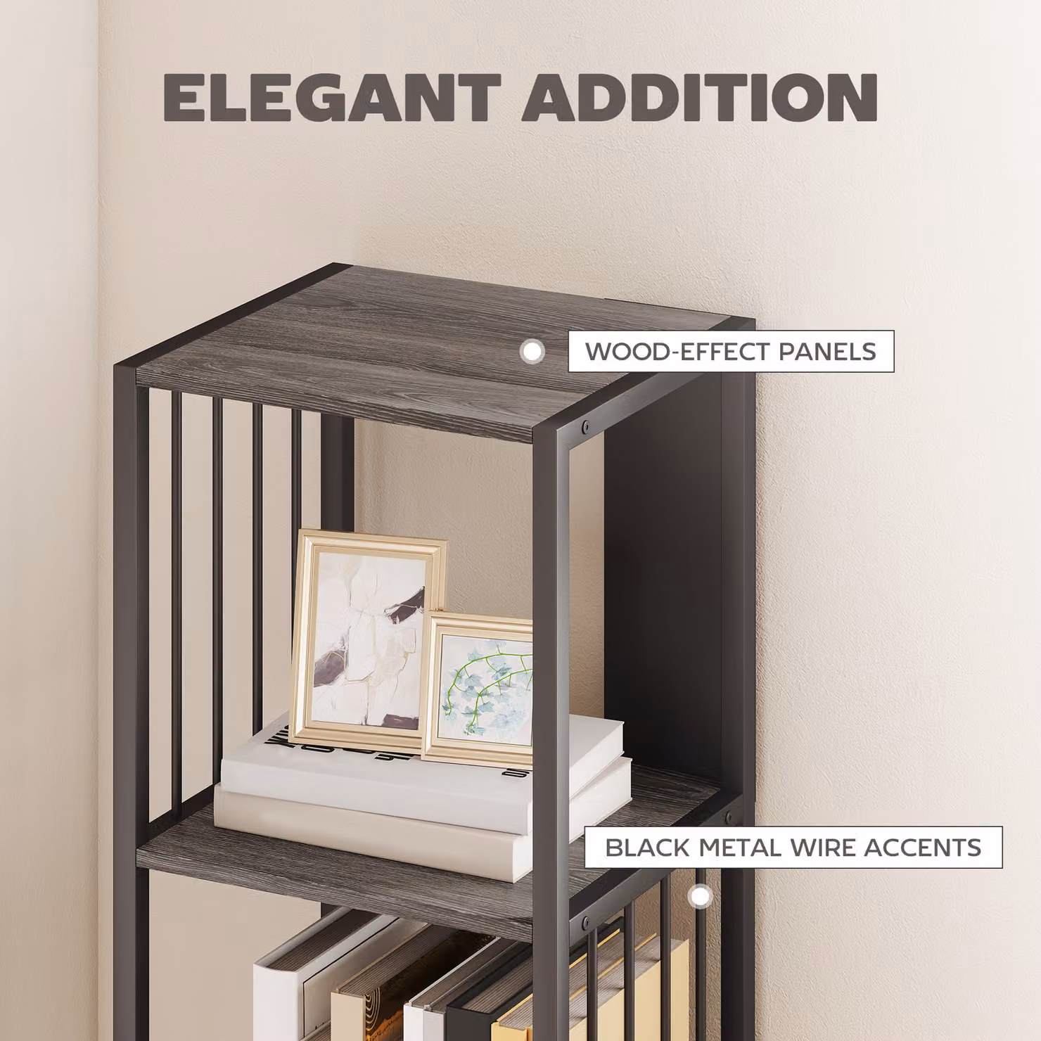 HOMCOM 5-Tier Minimalist Bookshelf with Steel Frame in Grey and Black – 4
