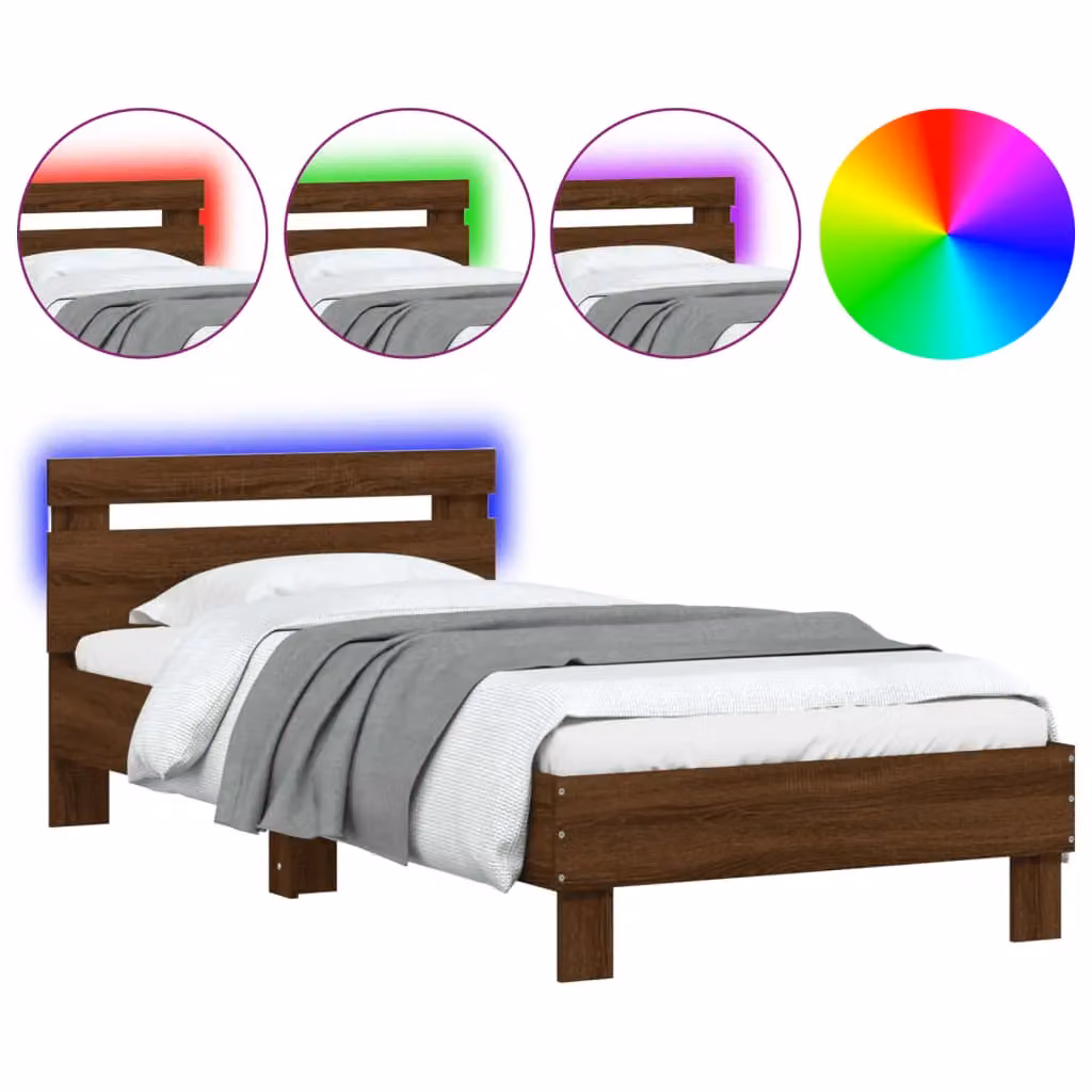 Berkfield Home Small Single Bed Frame in Brown Oak with LED Under-Bed Lighting and USB Charging Port, W: 75 cm, L: 190 cm – 2