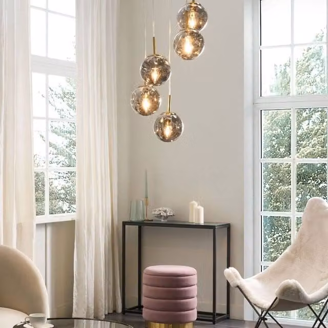 Wyld and Coco Bea 5 Light Pendant Lamp with Transparent Glass Spheres and Brushed Brass Metal Finish
