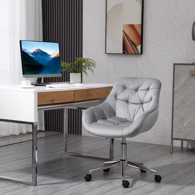 Vinsetto Modern Grey Velvet Swivel Task Chair with Armrests and Castors
