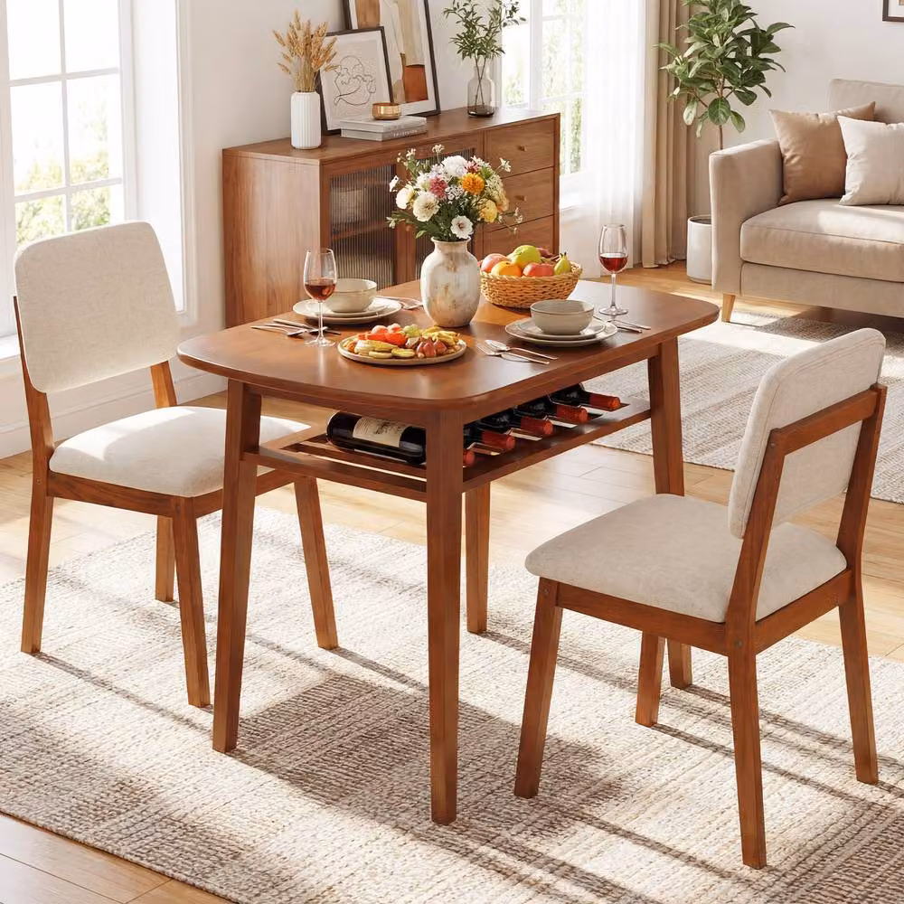 Gymax 3-Piece Solid Rubberwood Dining Table and Chairs Set in Beige – 3