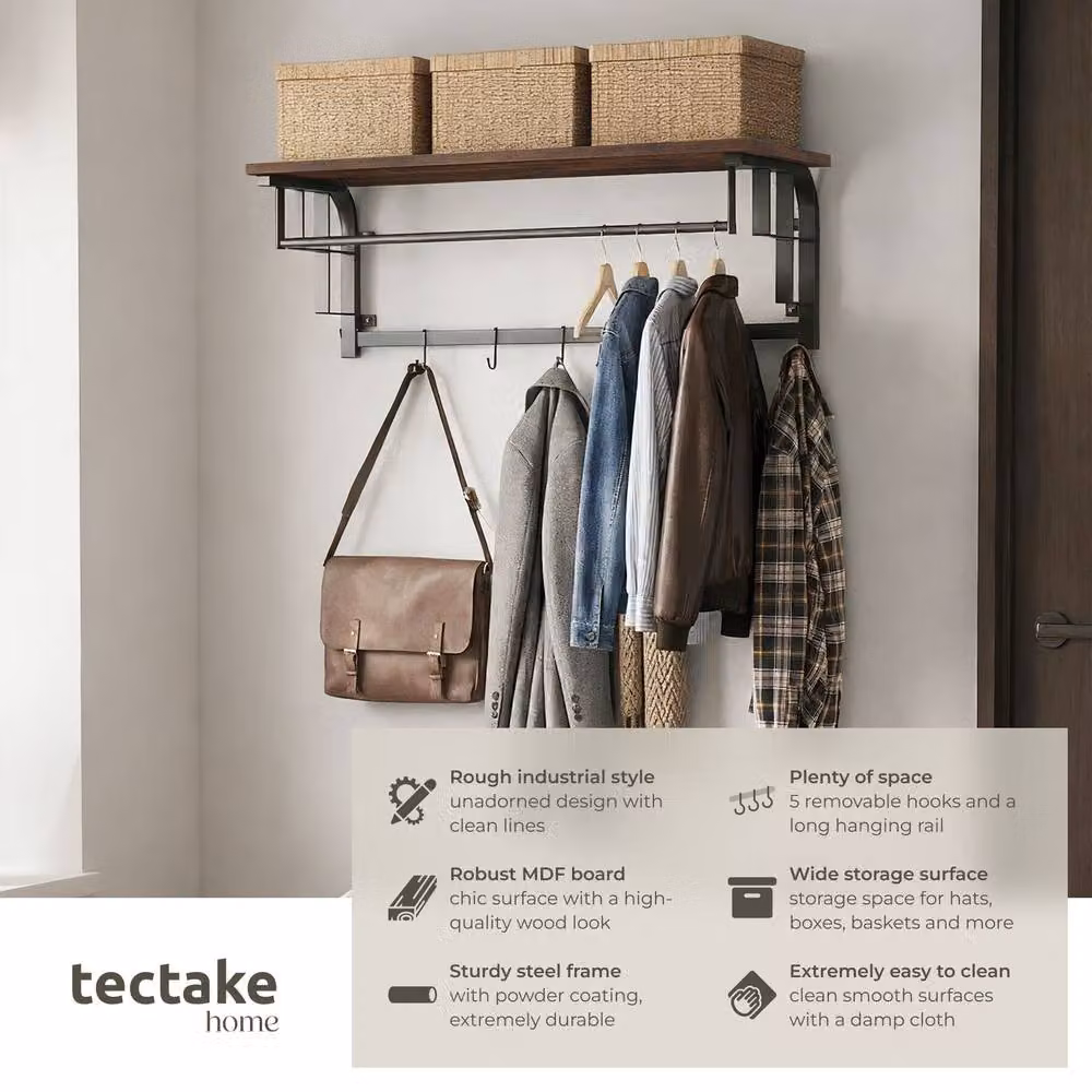 tectake Westwood Industrial Hall Tree with Bench and Dual Hook and Rail Matrix in Dark Brown and Black – 2