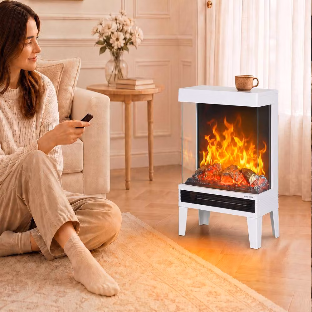 HOMCOM Freestanding Stove with LED Flame Effect in White – 2