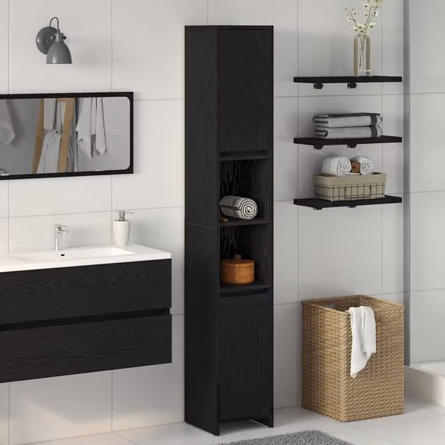 Berkfield Home Black Oak Bathroom Cabinet, W/D/H: 30 x 30 x 183.5 cm
