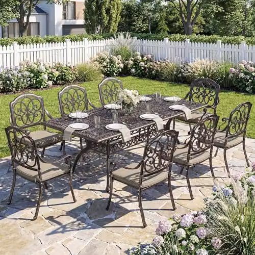 Outsunny 9 Piece Cast Aluminium Garden Dining Set, 8 Seater, Bronze Tone, W/D/H: 106 x 72 x 82 cm – 6