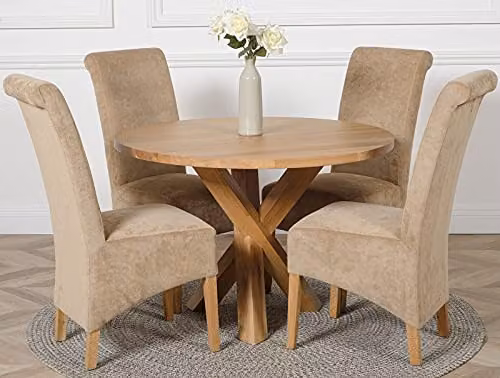 Thats Furniture Oregon Round Oak Dining Table and 4 Montana Beige Fabric Chairs Set, Diameter: 110 cm, Height: 76 cm