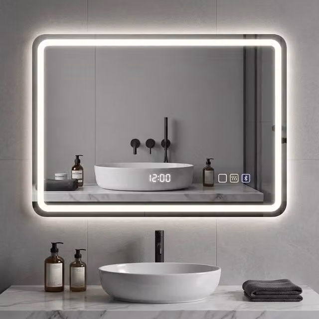 STILVORA Modern Rectangular Wall Mounted Bathroom Mirror with Dimmable LED Lighting, Bluetooth and Touch Switch in Silver – 1