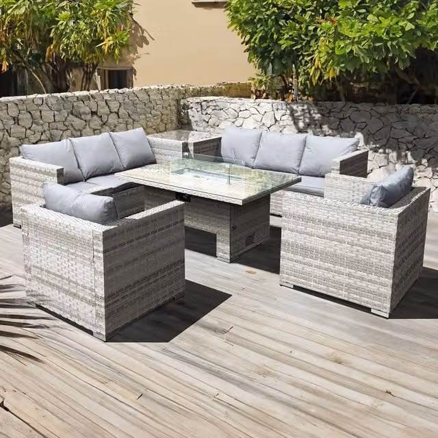 Oseasons Malta Rattan 8 Seat Rising Firepit Twin Chair Corner Set in Dove Grey
