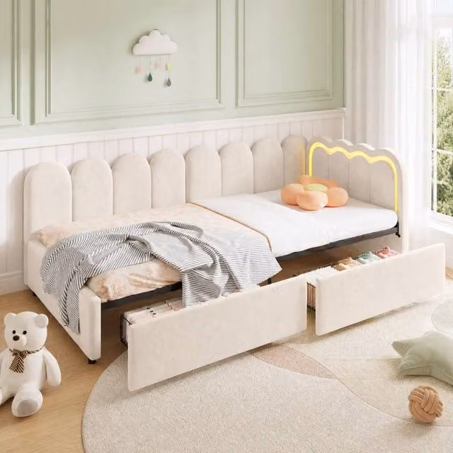 STILVORA Modern 3ft Single Bed Frame with Drawers and Under-bed Lighting in Beige Velvet, W/D/H: 90 x 190 cm