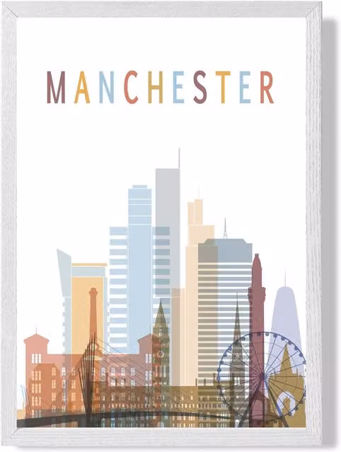 ARTZE Manchester Colourful City Skyline Framed Print, Multicolour with White Frame, A4
