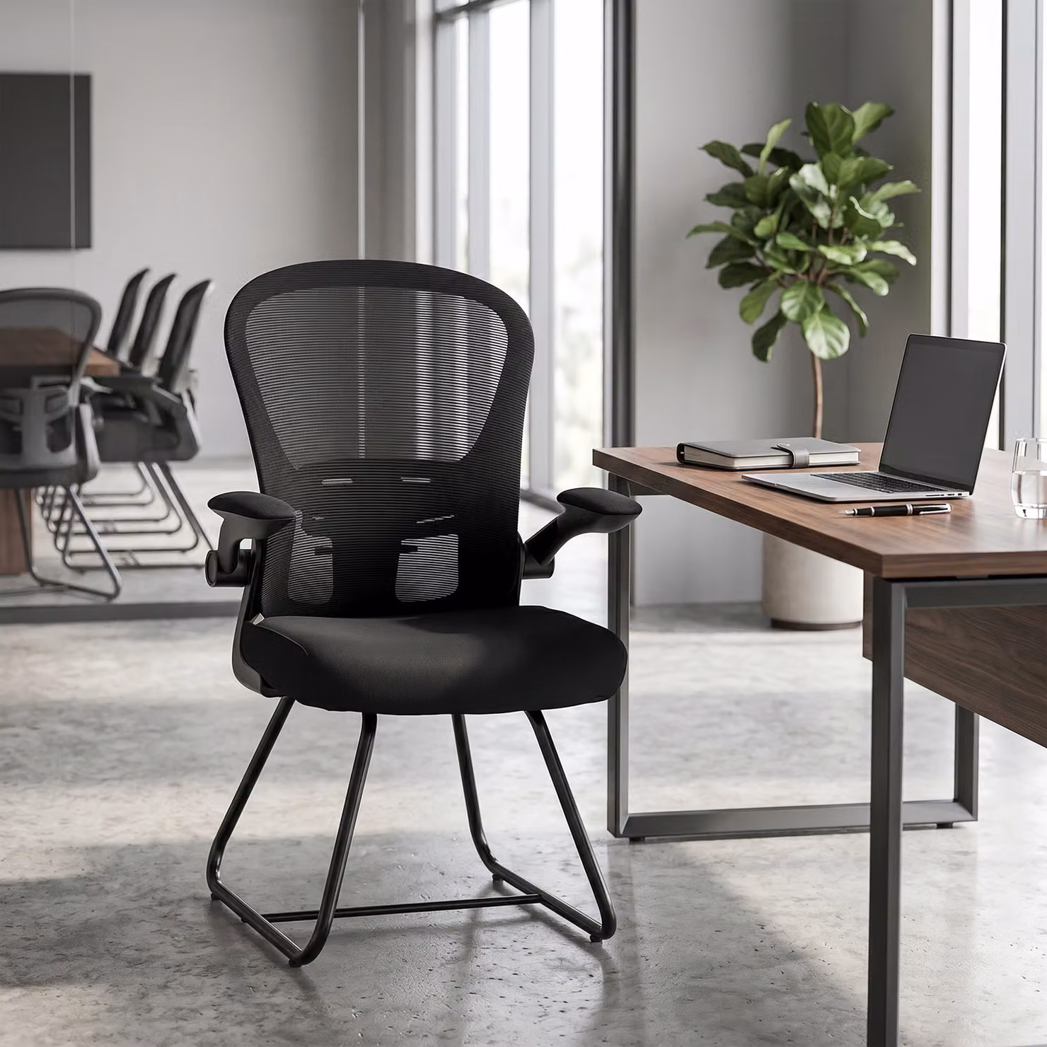HOMCOM Black Fabric Reception Chair with Flip-up Armrests, Mesh Backrest, Lumbar Support and Metal Base – 2
