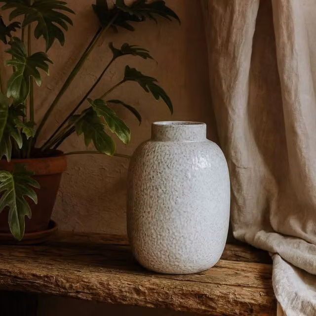 Wyld Haus Moss White Dimple Medium Ceramic Tabletop Vase H: 16 cm, W: 16 cm, D: 16 cm