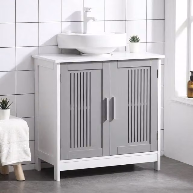STILVORA Grey Under Sink Bathroom Cabinet with Adjustable Internal Shelves and Hinged Doors – 1