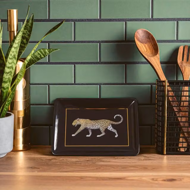 Orsina Leo Rectangular Ceramic Stoneware Tray in Black, Brown and Gold – 1