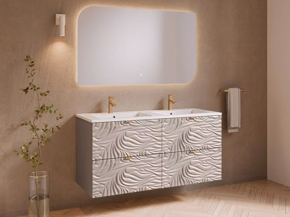 Vente-unique Modern Textured Wall-Mounted Bathroom Vanity Unit with Inset Basin and LED Lighting in Beige and White, W/D/H: 120 x 46 x 60 cm – 2