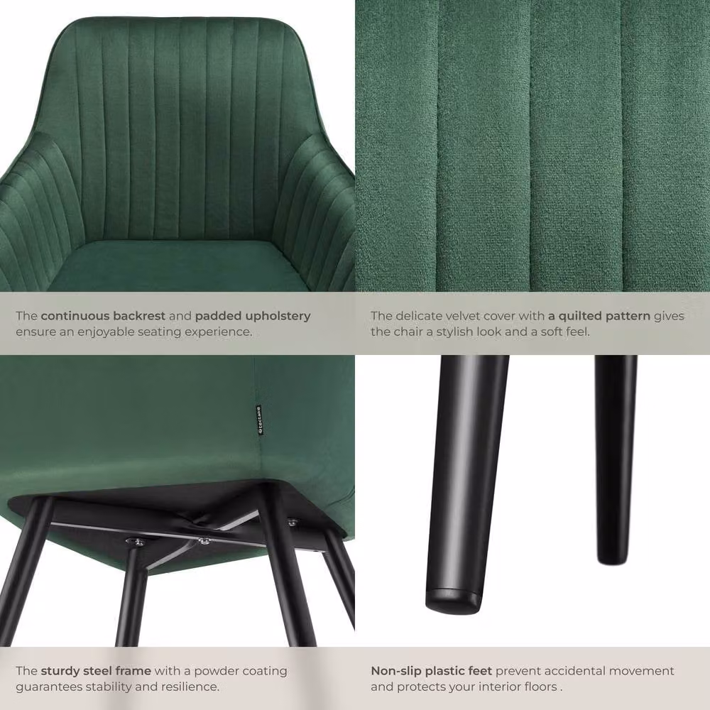 tectake Marilyn Set of 4 Dining Chairs in Dark Green and Black Velvet with Armrests – 5