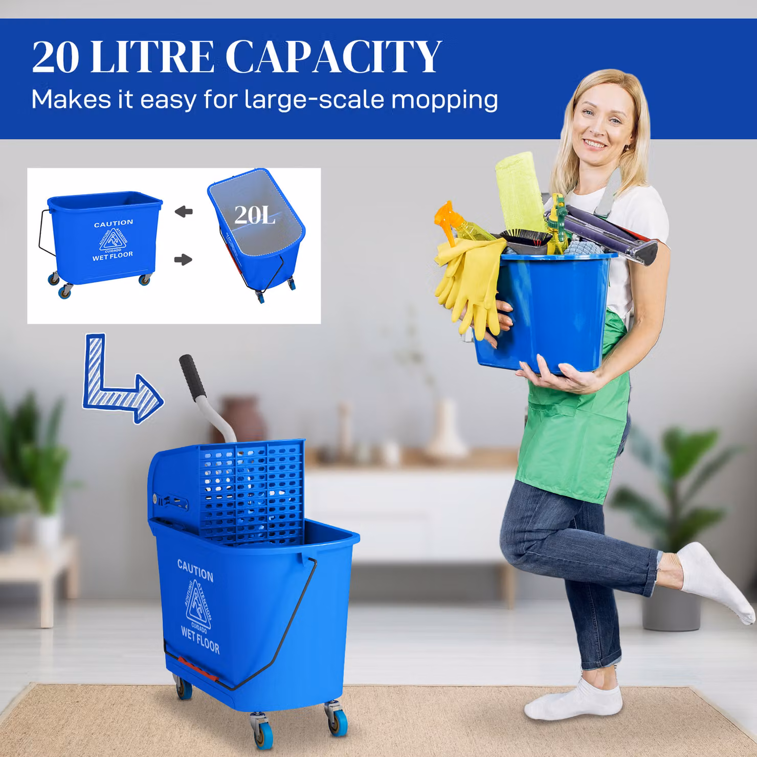 HOMCOM 20L Mop Bucket with Wringer and Handle in Blue – 3
