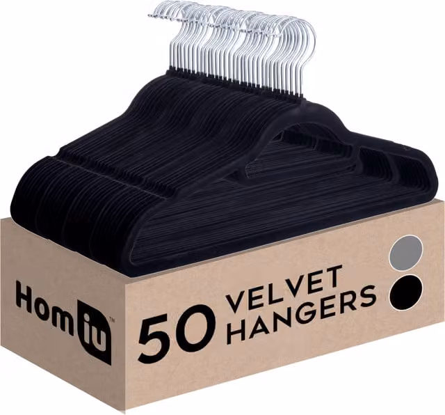 Homiu Pack of 50 Non-Slip Velvet Flocked Hangers with Tie Bar and Swivel Hook in Black or Grey