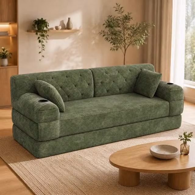 STILVORA Green Upholstered Click-Clack Sleeper Sofa with Cup Holders and Metal Frame