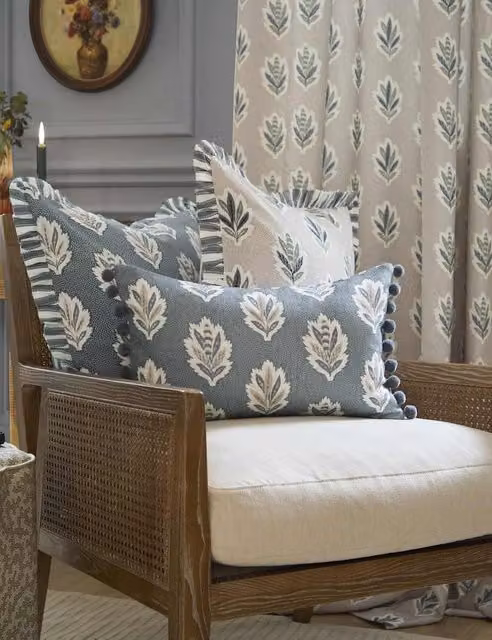 Sanderson Sessile Leaf Striped Pom Pom Cushion in Blue Mix