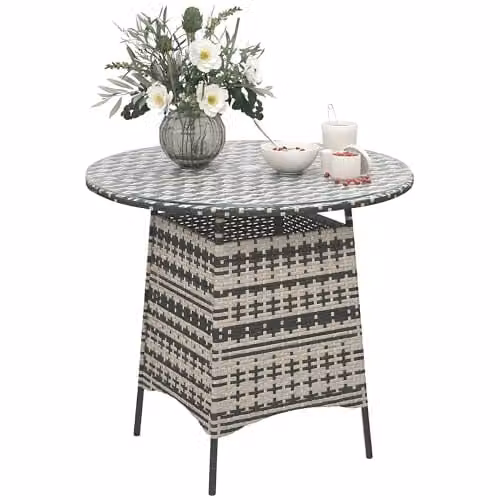 Outsunny Grey Wicker Rattan Garden Table with Tempered Glass Top and Umbrella Hole – 1
