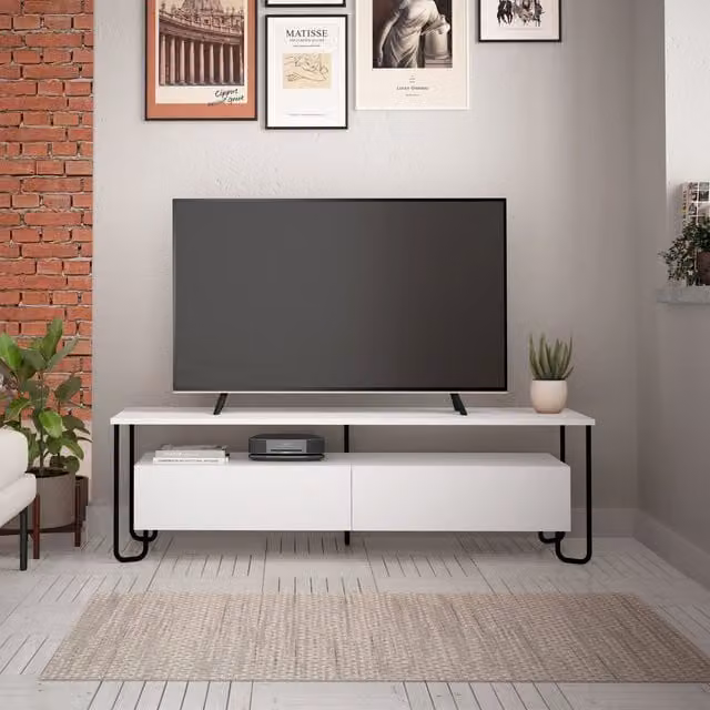 Decortie Cornea Modern White Glossy TV Unit with Storage Cabinet and Metal Accents
