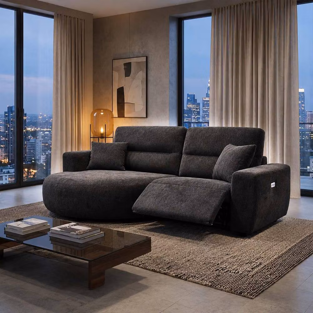 Furnishings For Less UK Denton Black Left Hand Electric Recliner Chaise Sofa in Chenille Fabric – 2