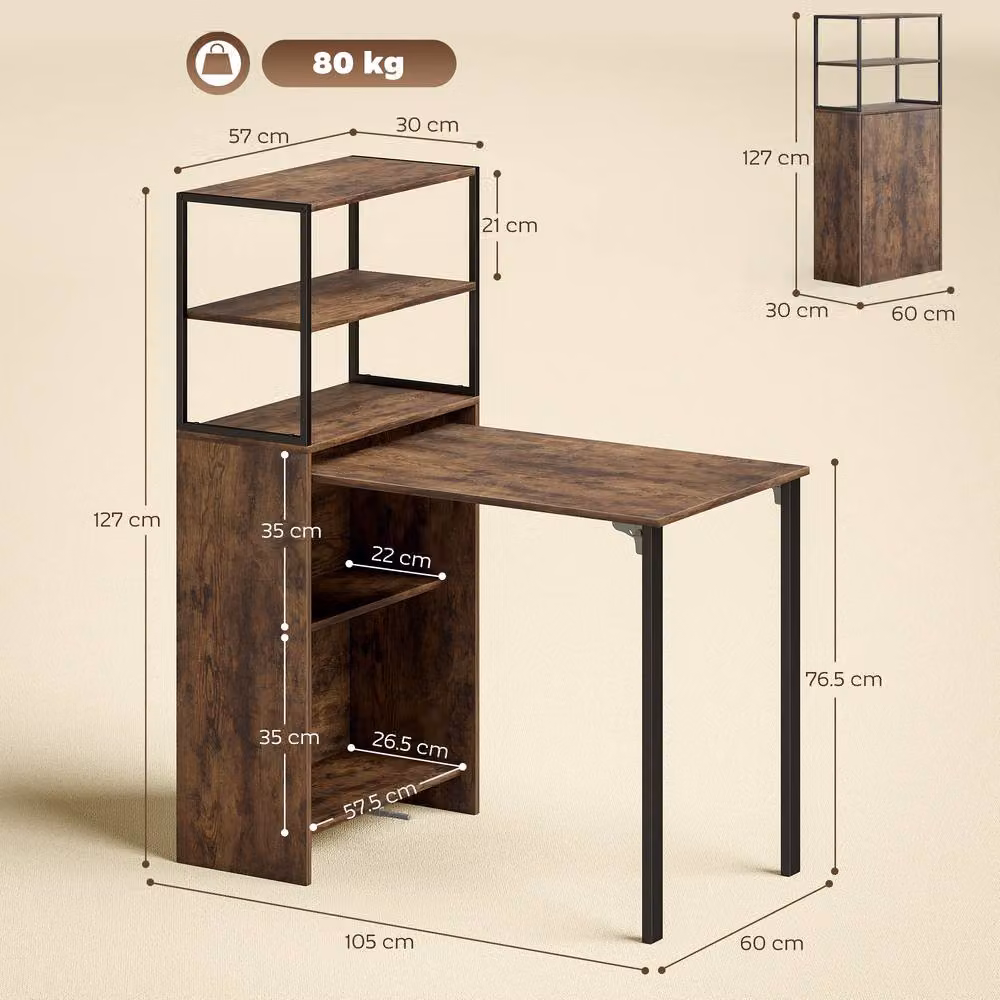 STILVORA Folding Desk with Four-Tier Shelf in Brown – 4