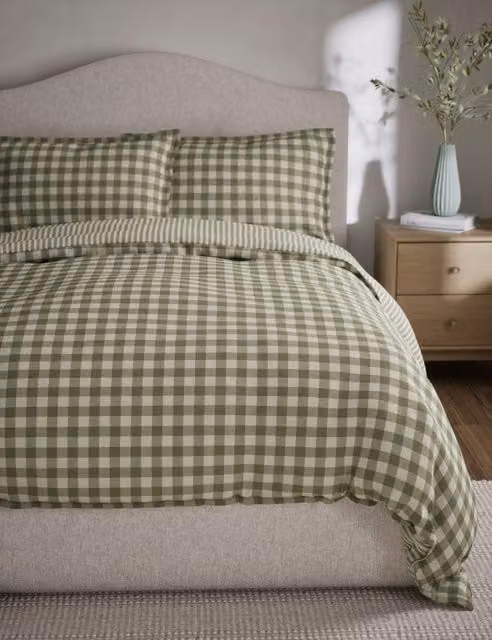 M&S Green Checked Cotton Percale Gingham Bedding Set, W/D/H: 200 x 200 cm