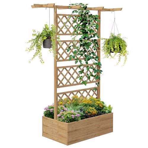 Outsunny Wooden Raised Bed Planter with Trellis for Climbing Plants, Natural/Brown, W: 183 cm, D: 55 cm, H: 55 cm