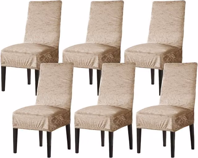 Home Republic Set of 6 Luxury Crushed Velvet Stretch Dining Chair Covers in Beige Gold