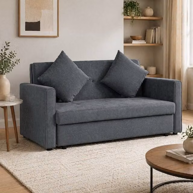 STILVORA 2 Seater Grey Fabric Sofa Bed with Storage and Pull Out Drawer – 1