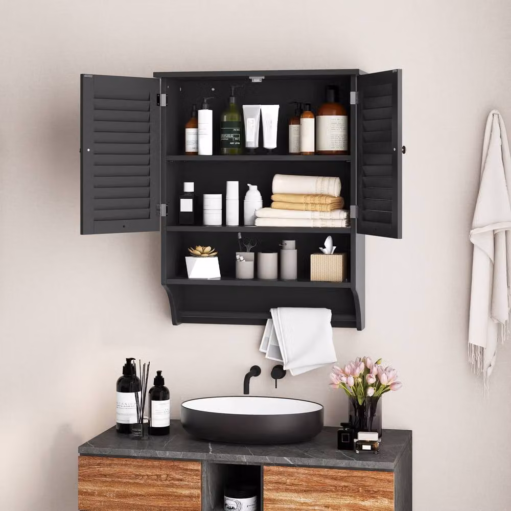 Costway Wall-mounted Black Bathroom Cabinet with Double Hinged Doors and Internal Shelves – 2