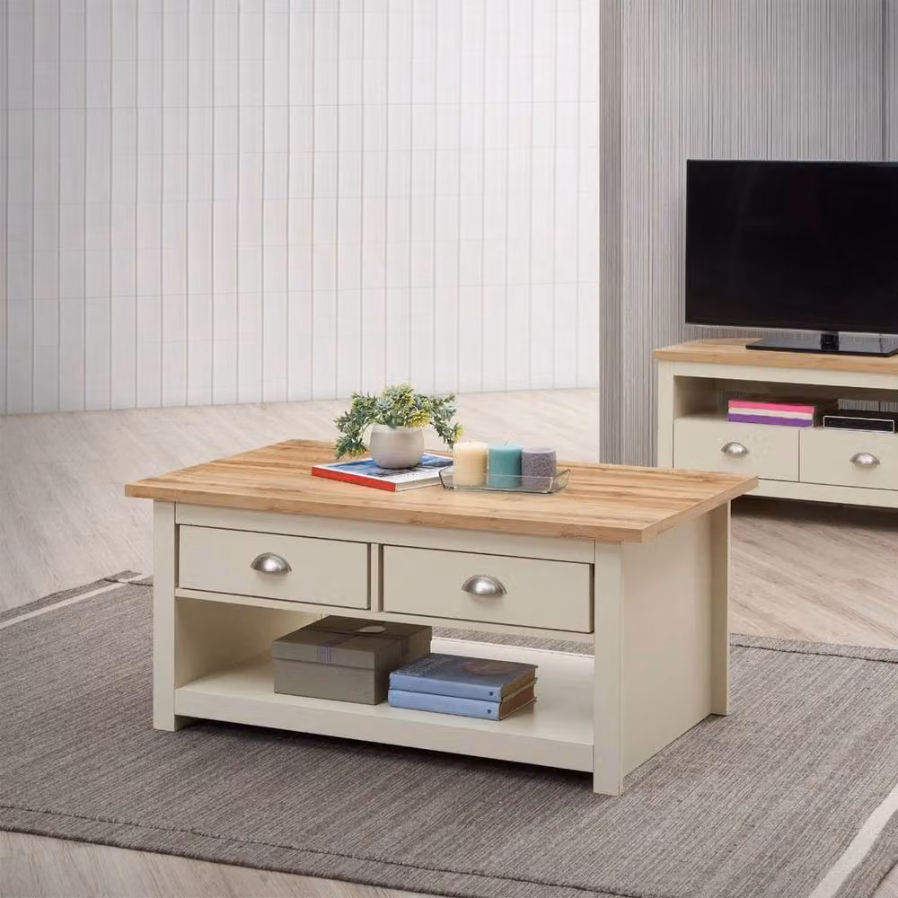 FLAVORA Beige Wood Coffee Table with 2 Drawers and 1 Shelf – 3