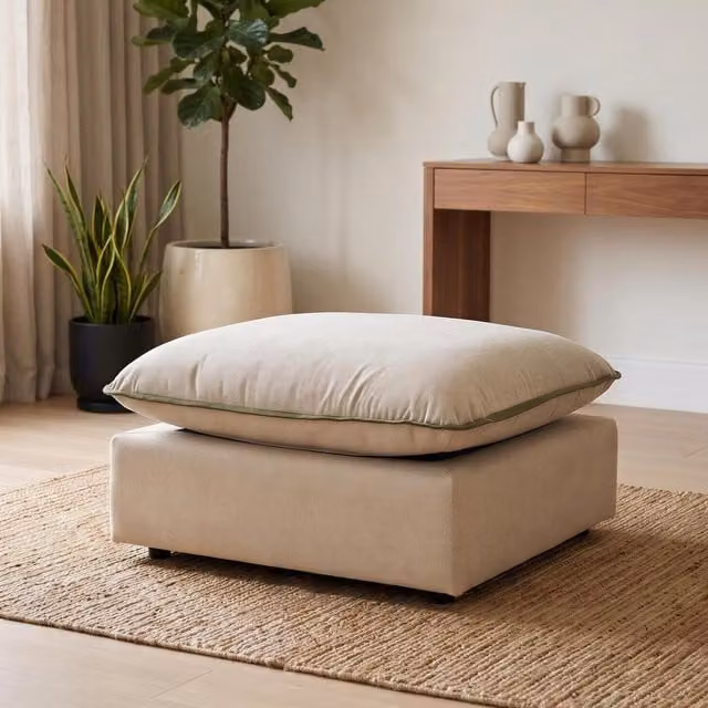 Furniturebox UK Echo Linen-Look Fabric Footstool in Beige with Green Trim