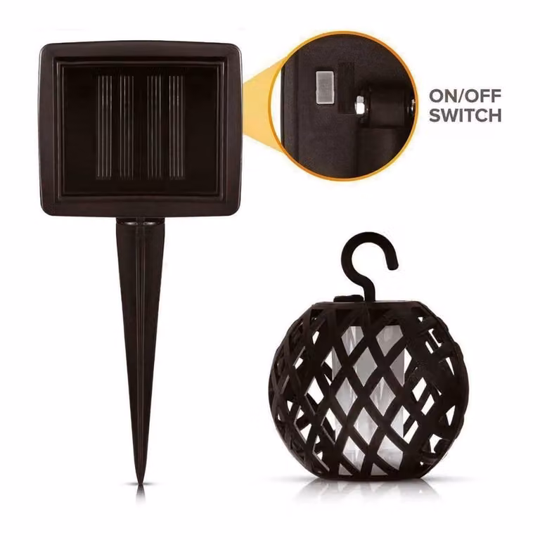 KORVIXA 8-Piece Solar Rattan Sphere LED Hanging Garden Lights with Flame Effect in Black