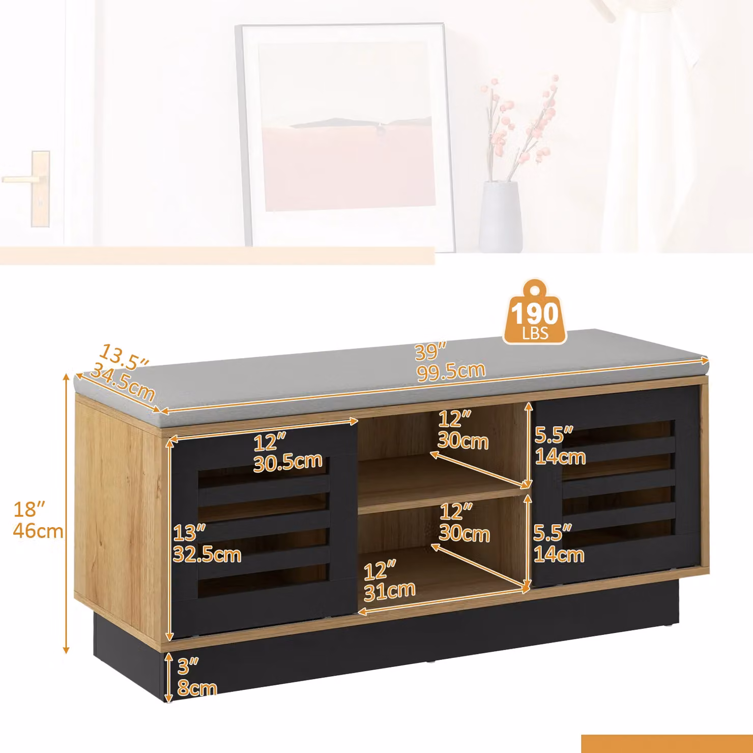 Costway Shoe Rack Storage Bench Organizer with Cushion and Adjustable Shelf, Natural Brown – 2