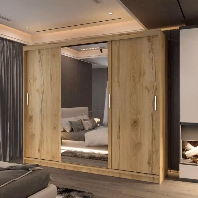 Sliding Wardrobes 4U Large Modern Mirror Sliding Wardrobe with LED Lighting in Brown, W: 250 cm, H: 217 cm – 1