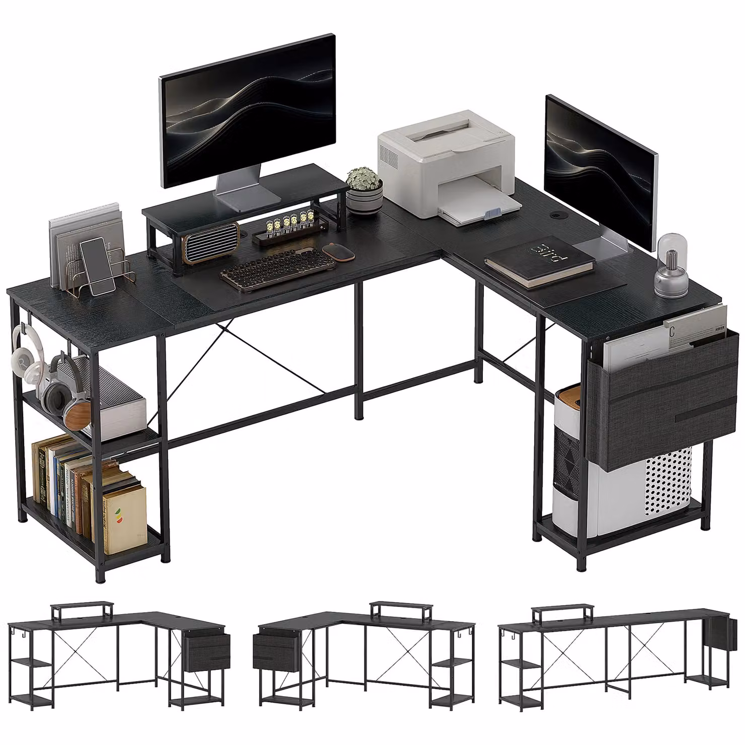 HOMCOM Reversible L Shaped Corner Desk for Two People in Black – 2