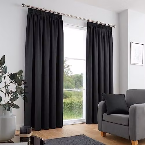 Fusion Black Pencil Pleat Curtains, 2 Panels, W: 117 cm, H: 137 cm