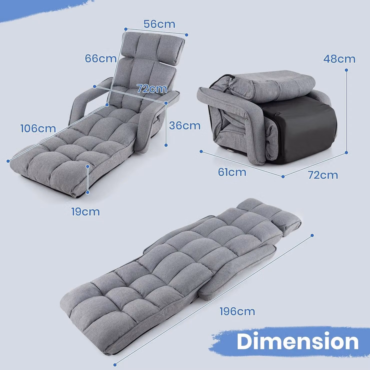 Costway Grey Folding Sofa Chair with Armrests and 6 Adjustable Positions – 2