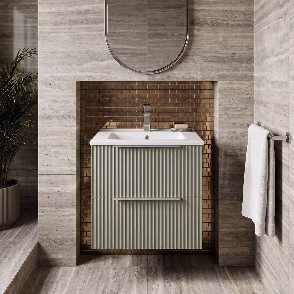 Balterley Tixall Fluted 2 Drawer Wall Hung Vanity Basin Unit in Satin Green, W: 50 cm – 4