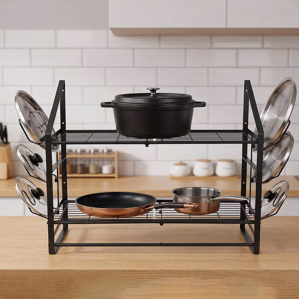Toque Extra Long Wall Mounted 2 Tier Pot Rack and Pan Organiser in Black with 20 Movable Hooks and 6 Lid Holders, Width: 93.5 cm – 2