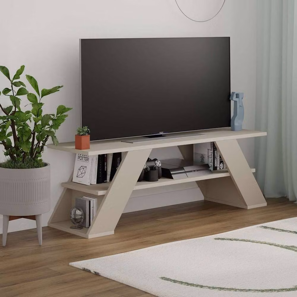 CALICOSY Modern Wall Mounted TV Stand with 3 Shelves in Beige, W/D/H: 120 x 40 x 33.5 cm – 2